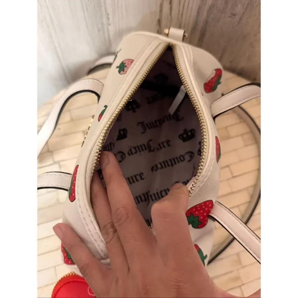 Juicy Couture Strawberry Print Barrel Purse with Coin Pouch | White Pink Red Cro